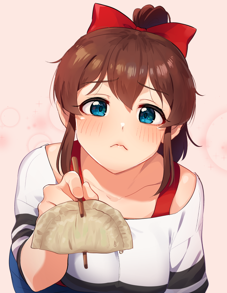 1girl blue_eyes blush bow brown_hair chopsticks collarbone commentary dumpling eyebrows_visible_through_hair feeding food hair_bow idolmaster idolmaster_million_live! idolmaster_million_live!_theater_days jiaozi kamille_(vcx68) looking_at_viewer ponytail pov satake_minako simple_background solo upper_body