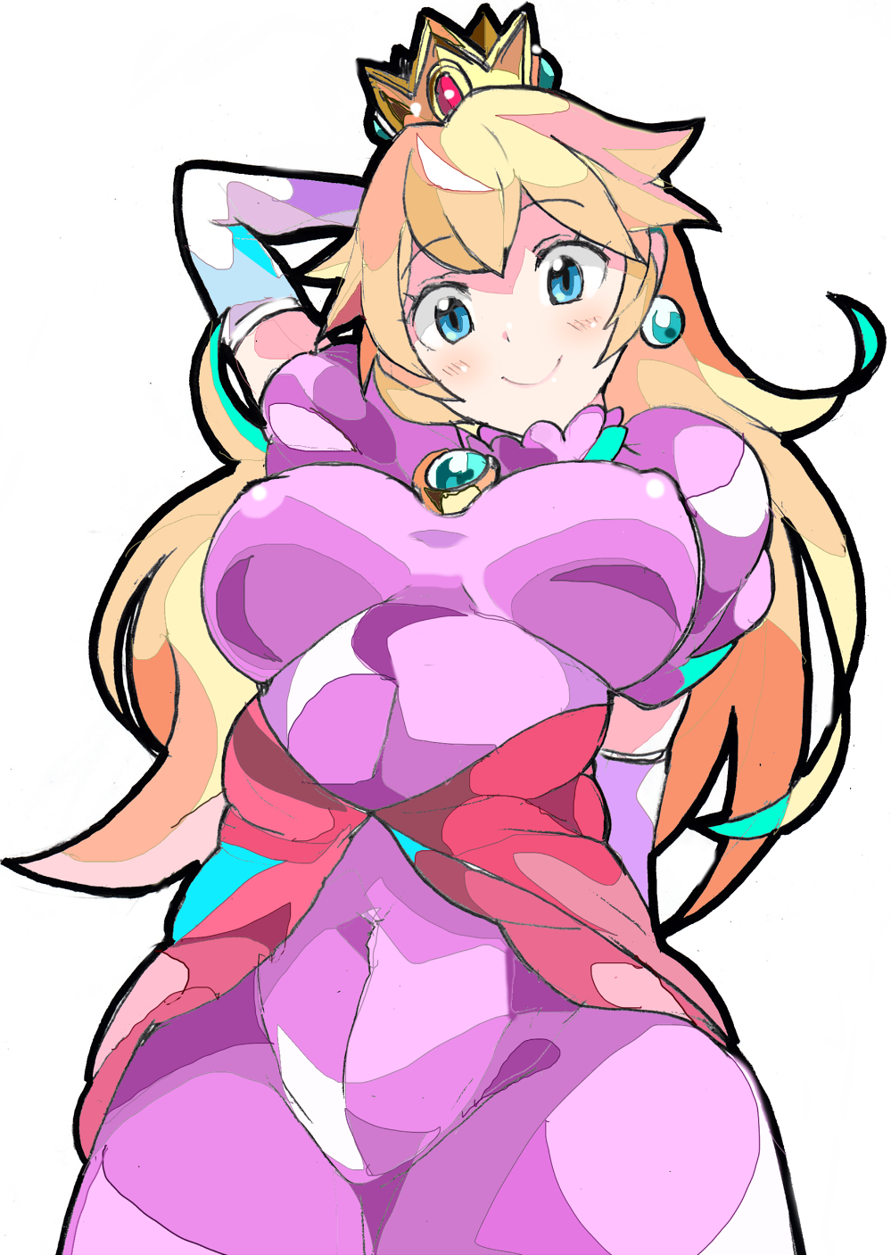 1girl arm_behind_back arm_behind_head arm_up blonde_hair blue_eyes breasts brooch closed_mouth covered_nipples crown dress earrings elbow_gloves enpe eyebrows_visible_through_hair gem gloves highres jewelry large_breasts long_hair super_mario_bros. pink_dress princess princess_peach simple_background smile solo very_long_hair white_background white_gloves
