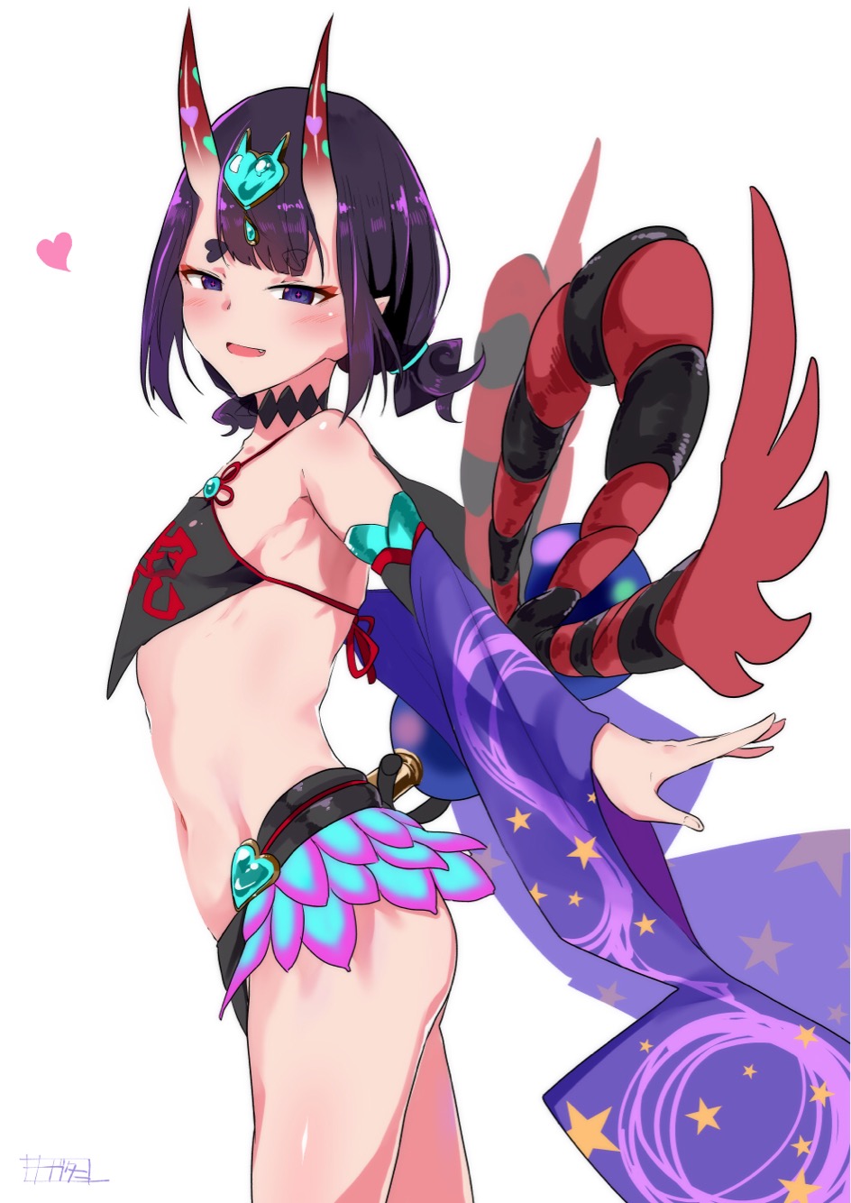 1girl bangs bare_shoulders black_fundoshi blush breasts chinese_clothes choker detached_sleeves dudou eyeliner fang fate/grand_order fate_(series) forehead_jewel fundoshi gourd heart highres horns japanese_clothes looking_at_viewer low_twintails makeup nagatani_(nagata2) navel oni oni_horns open_mouth pointy_ears purple_hair rope shawl short_eyebrows short_hair short_twintails shuten_douji_(fate/grand_order) shuten_douji_(halloween_caster)_(fate) simple_background skin-covered_horns small_breasts smile star_(symbol) star_print thighs twintails violet_eyes white_background