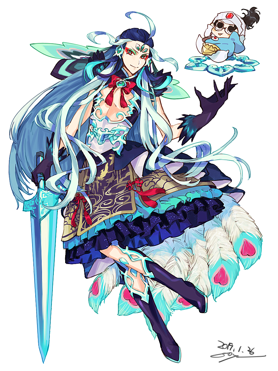 1boy 1other abs alternate_costume bangs black_hair blue_hair character_request chest chinese_clothes cleavage_cutout eyebrows_visible_through_hair eyeshadow fabulous fate/grand_order fate_(series) forehead_jewel full_body goya_(xalbino) h hair_ornament hat highres leg_cutout long_hair looking_at_viewer makeup multicolored_hair open_hand open_mouth peacock_feathers planted_sword planted_weapon qin_shi_huang_(fate/grand_order) red_eyes revealing_clothes shiny shiny_hair skirt solo sword two-tone_hair very_long_hair weapon white_background