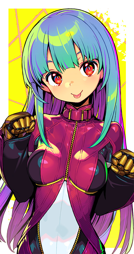 1girl :p blue_hair blush breasts clenched_hands collar cropped_jacket jacket kula_diamond long_hair looking_at_viewer medium_breasts paw_pose purple_jacket red_eyes shunin solo standing the_king_of_fighters tongue tongue_out yellow_background zipper