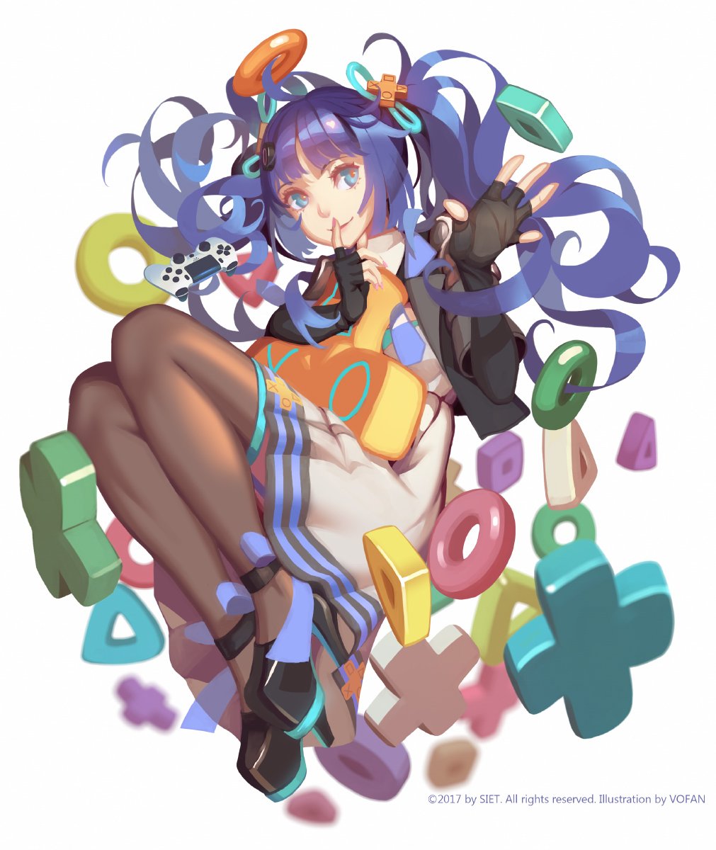 ai-chan_(playstation) ankle_bow arm_warmers artist_name black_legwear blue_hair bow company_name controller cropped_jacket d-pad d-pad_hair_ornament dated dress dualshock elbow_gloves finger_to_mouth fingerless_gloves floating game_controller gamepad gloves green_eyes hair_ornament hand_up high_heels highres looking_at_viewer original pantyhose purple_hair sitting sony strappy_heels twintails vofan