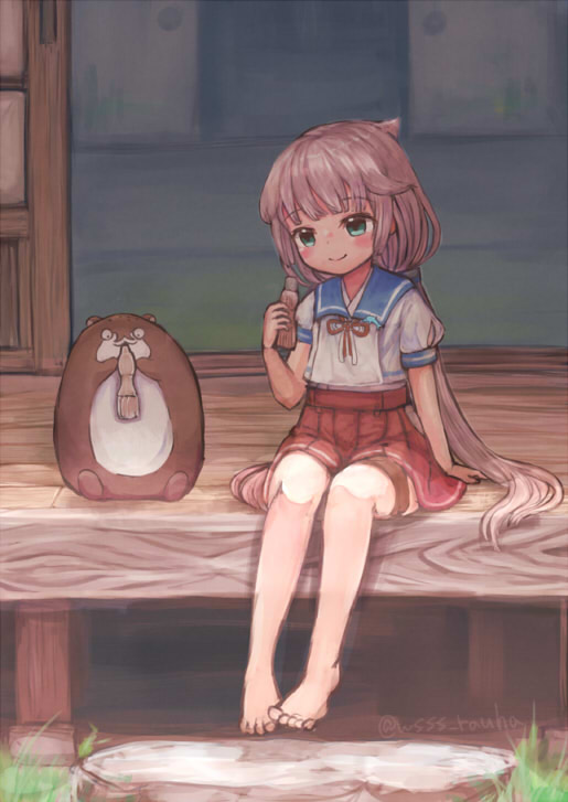 1girl 1other blue_sailor_collar bokukawauso food green_eyes grey_hair hip_vent kantai_collection long_hair low_twintails mikura_(kantai_collection) otter pleated_skirt popsicle puffy_short_sleeves puffy_sleeves red_skirt rock sailor_collar sailor_shirt shirt short_sleeves sitting skirt sliding_doors tatami tupet twintails veranda white_shirt wss_(nicoseiga19993411)