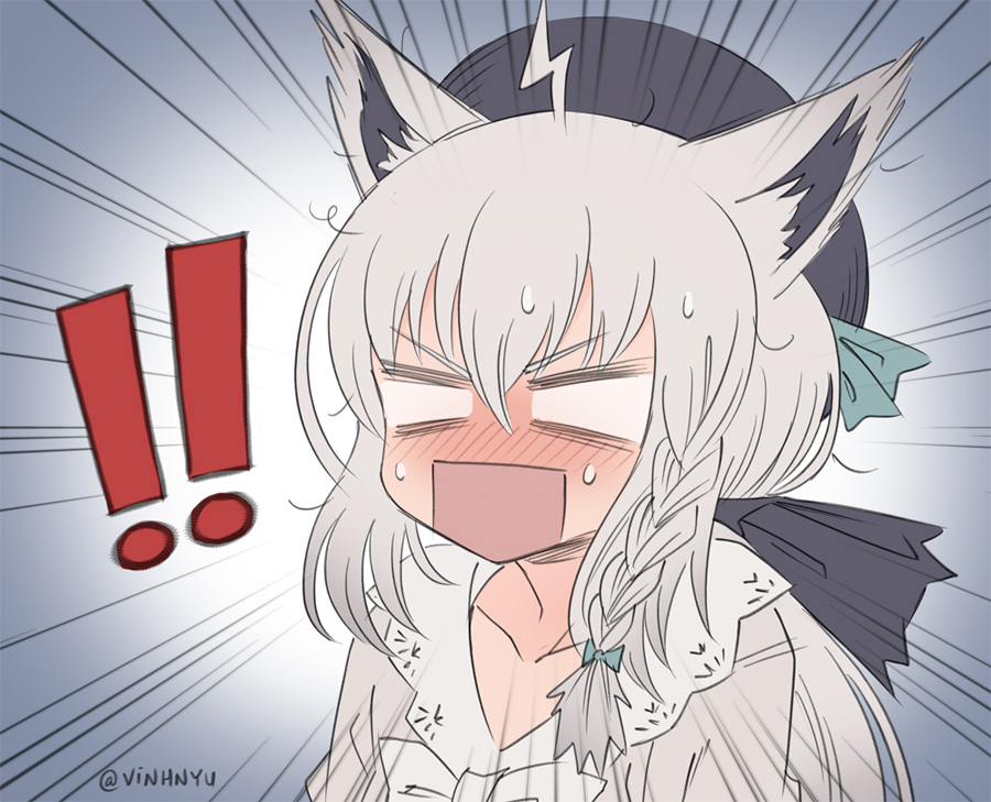 !! 1girl ahoge animal_ear_fluff animal_ears beret black_headwear blank_eyes blush bow braid commentary embarrassed emphasis_lines eyebrows_visible_through_hair fox_ears grey_shirt hair_between_eyes hair_ribbon hat hololive long_hair ribbon shirakami_fubuki shirt side_braid silver_hair simple_background solo sweatdrop twitter_username upper_body vinhnyu virtual_youtuber white_background white_bow