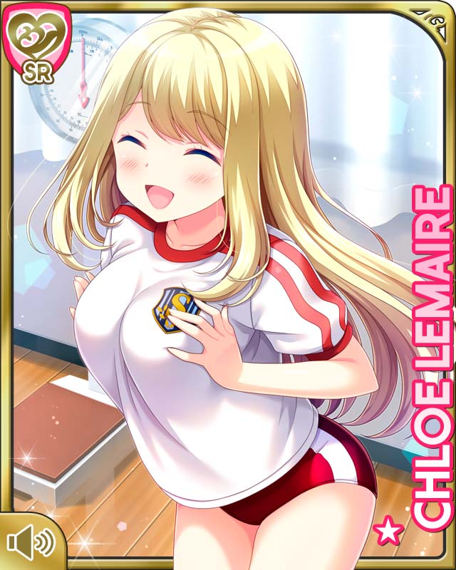 1girl blonde_hair blush breast_squeeze breasts buruma card_(medium) character_name chloe_lemaire closed_eyes curtains girlfriend_(kari) gym_uniform indoors large_breasts long_hair official_art open_mouth qp:flapper red_buruma shirt short_sleeves smile solo white_shirt window