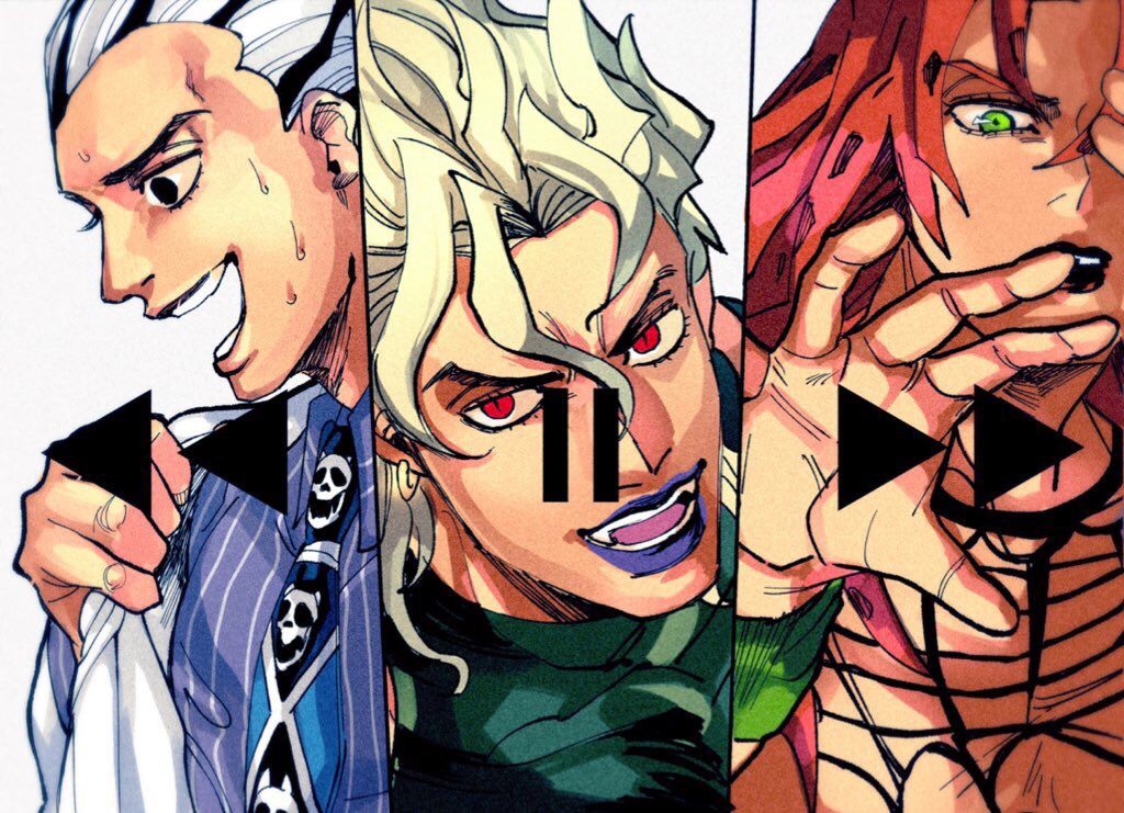 3boys armband black_eyes black_hair black_lipstick blonde_hair bodysuit collared_shirt diamond_wa_kudakenai diavolo dio_brando earrings expressionless fangs fishnet_bodysuit fishnet_top fishnets formal green_eyes happy jacket jewelry jojo_no_kimyou_na_bouken kira_yoshikage lipstick long_hair looking_at_viewer makeup male_focus mr_iharu87 multiple_boys muscle necktie pink_hair red_eyes shirt short_hair skull skull_print smile stardust_crusaders striped striped_shirt suit sweat sweatdrop turtleneck vampire vento_aureo white_hair wristband