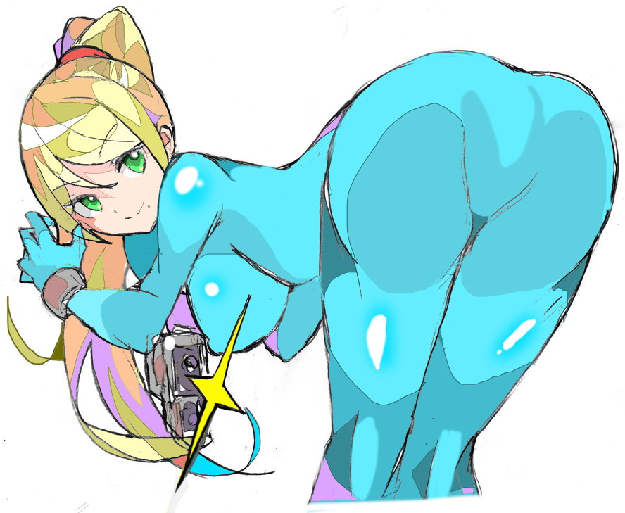 1girl bent_over blonde_hair blue_bodysuit bodysuit breasts closed_mouth covered_nipples enpe eyebrows_visible_through_hair green_eyes gun handgun holding holding_gun holding_weapon large_breasts long_hair metroid mole mole_under_mouth ponytail samus_aran simple_background smile solo weapon white_background zero_suit