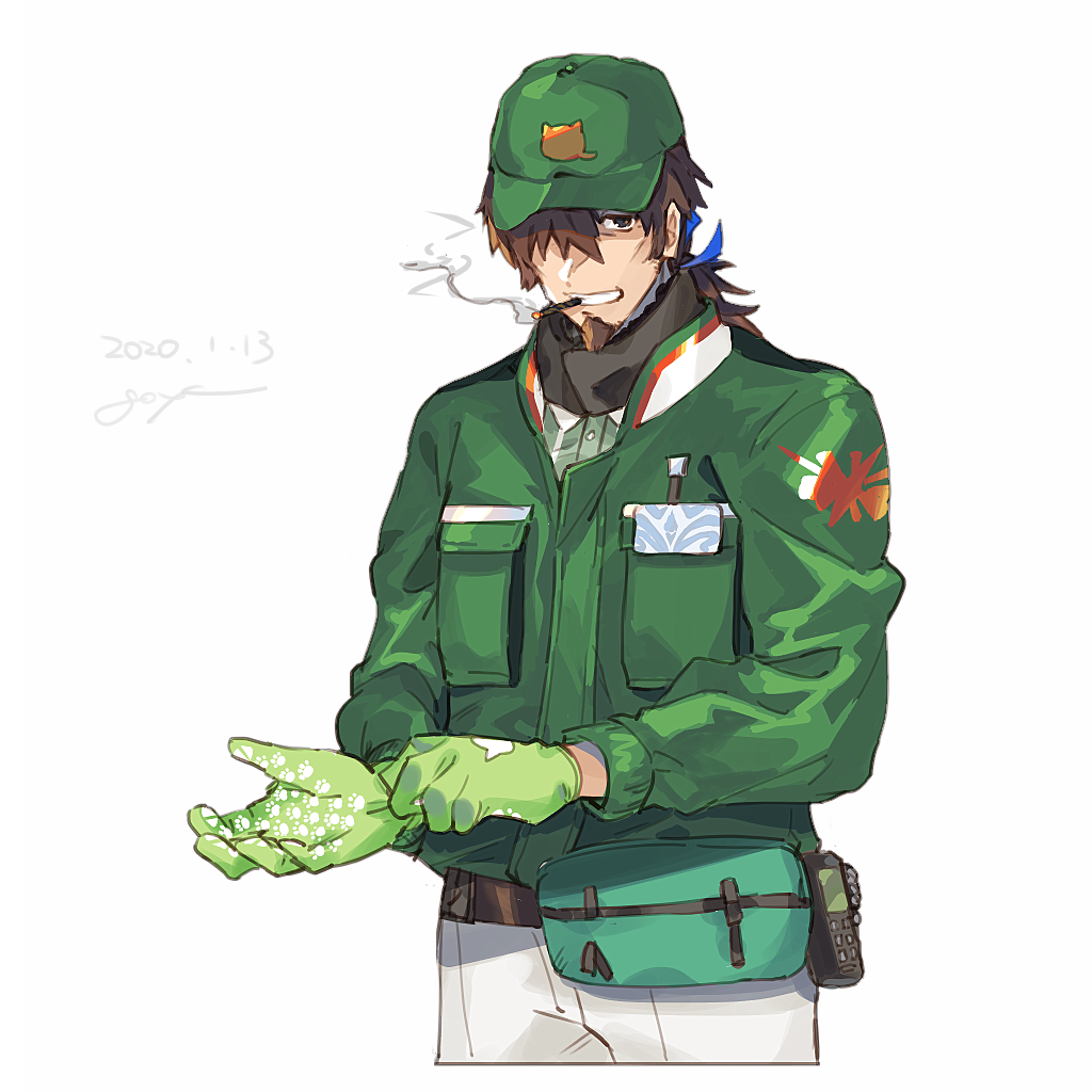 1boy adjusting_clothes adjusting_gloves alternate_costume bangs belt brown_eyes brown_hair collar facial_hair fate/grand_order fate_(series) gloves goatee goya_(xalbino) green_gloves green_jacket hair_over_one_eye hair_ribbon hector_(fate/grand_order) jacket long_sleeves looking_at_viewer male_focus pants ponytail ribbon shiny shiny_hair signature smoke smoking solo upper_body white_pants