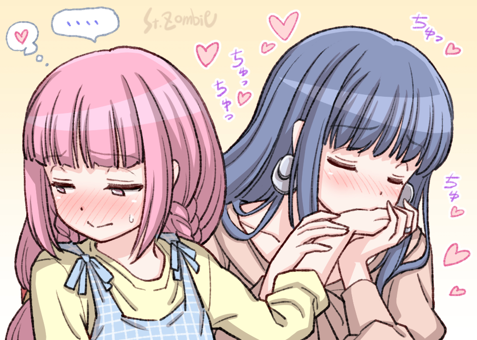 ... 2girls artist_name bangs blush casual earrings hand_kiss heart jewelry kiss long_hair long_sleeves looking_away magia_record:_mahou_shoujo_madoka_magica_gaiden mahou_shoujo_madoka_magica multiple_girls nanami_yachiyo pink_eyes pink_hair spoken_ellipsis studiozombie sweat tamaki_iroha thought_bubble upper_body yuri