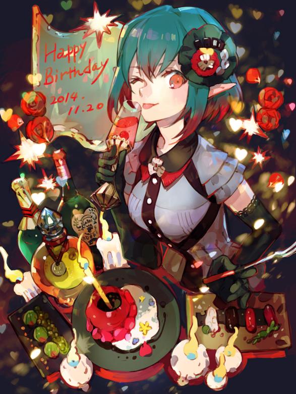 1girl ;p alcohol aqua_hair breasts drink elbow_gloves food gloves holding multicolored_hair nishihara_isao one_eye_closed orange_eyes original redhead short_hair smile solo tongue tongue_out two-tone_hair