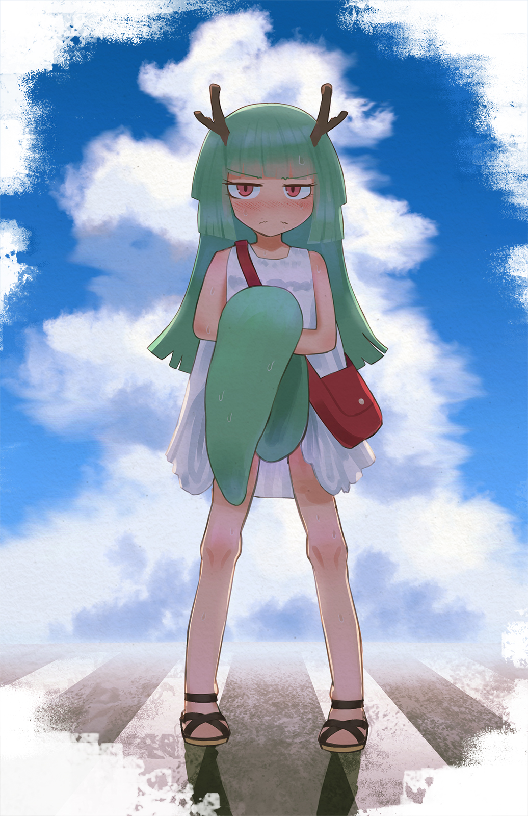 1girl bag bangs blunt_bangs blush borrowed_character dragon_girl dress gino green_hair handbag highres holding_tail horns jitome long_hair looking_at_viewer orange_eyes original outdoors sandals sky sleeveless sleeveless_dress sundress sweat sweatdrop tail