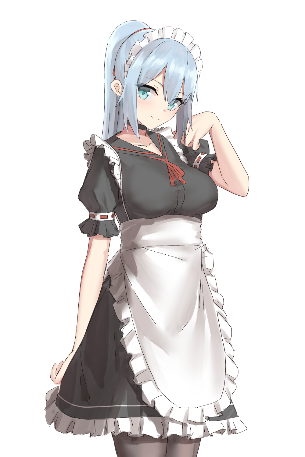 1girl apron black_dress blue_eyes blue_hair blush breasts closed_mouth dress elfenlied22 frills highres large_breasts long_hair looking_at_viewer maid_headdress original ponytail puffy_short_sleeves puffy_sleeves short_sleeves simple_background smile thighs waist_apron white_apron white_background wrist_cuffs