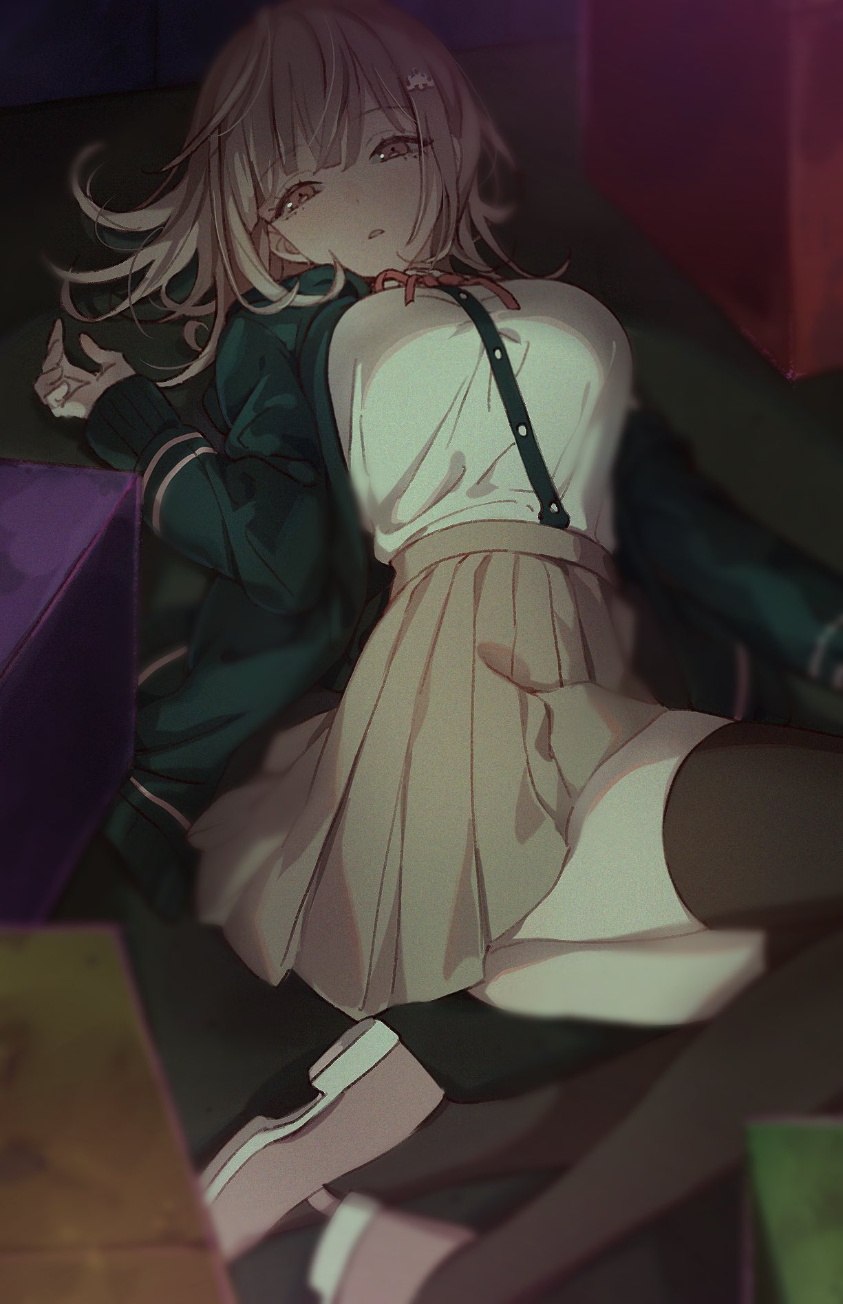 1girl bangs black_jacket black_legwear blurry blurry_foreground blush breasts dangan_ronpa depth_of_field eyebrows_visible_through_hair flipped_hair green_jacket hair_ornament hairclip half-closed_eyes highres io_(iooo666) jacket large_breasts long_hair long_sleeves looking_at_viewer lying nanami_chiaki on_back on_ground open_clothes open_mouth pink_eyes pink_footwear pink_hair pink_ribbon pleated_skirt ribbon shirt shoes skirt solo super_dangan_ronpa_2 thigh-highs white_shirt