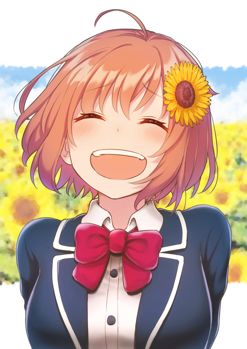 1girl ^_^ ^o^ ahoge blazer blue_jacket blurry blurry_background blush bow bowtie breasts buttons closed_eyes collared_shirt commentary eyebrows_visible_through_hair flower hair_flower hair_ornament highres honma_himawari jacket laughing looking_at_viewer medium_breasts nijisanji open_mouth orange_eyes otonari red_neckwear school_uniform shirt short_hair smile solo sunflower upper_body virtual_youtuber white_shirt wing_collar