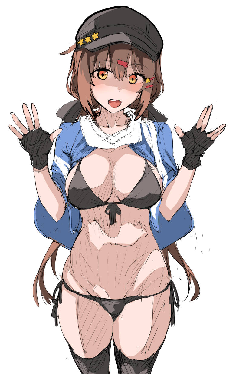 1girl bikini black_bikini black_bow black_gloves black_headwear black_legwear blue_shawl bow breasts brown_eyes brown_hair commentary_request fingerless_gloves front-tie_top gloves hair_bow highres kantai_collection long_hair looking_at_viewer low_twintails medium_breasts scarf side-tie_bikini simple_background solo standing star_(symbol) swimsuit tashkent_(kantai_collection) thigh-highs torn_scarf twintails waving white_background white_scarf yukiguni_yuu