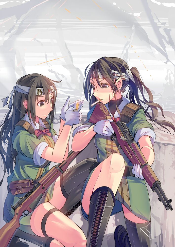2girls black_eyes black_hair blood boots brown_hair chikuma_(kantai_collection) cigarette clothes_writing cross-laced_footwear daito dress gloves gun hair_between_eyes hair_ribbon headband jacket kantai_collection lace-up_boots lighter lighting_cigarette long_hair military military_uniform mouth_hold multiple_girls pencil_skirt puffy_short_sleeves puffy_sleeves ribbon rifle short_dress short_sleeves skirt tone_(kantai_collection) twintails uniform weapon weapon_request white_background white_gloves white_ribbon