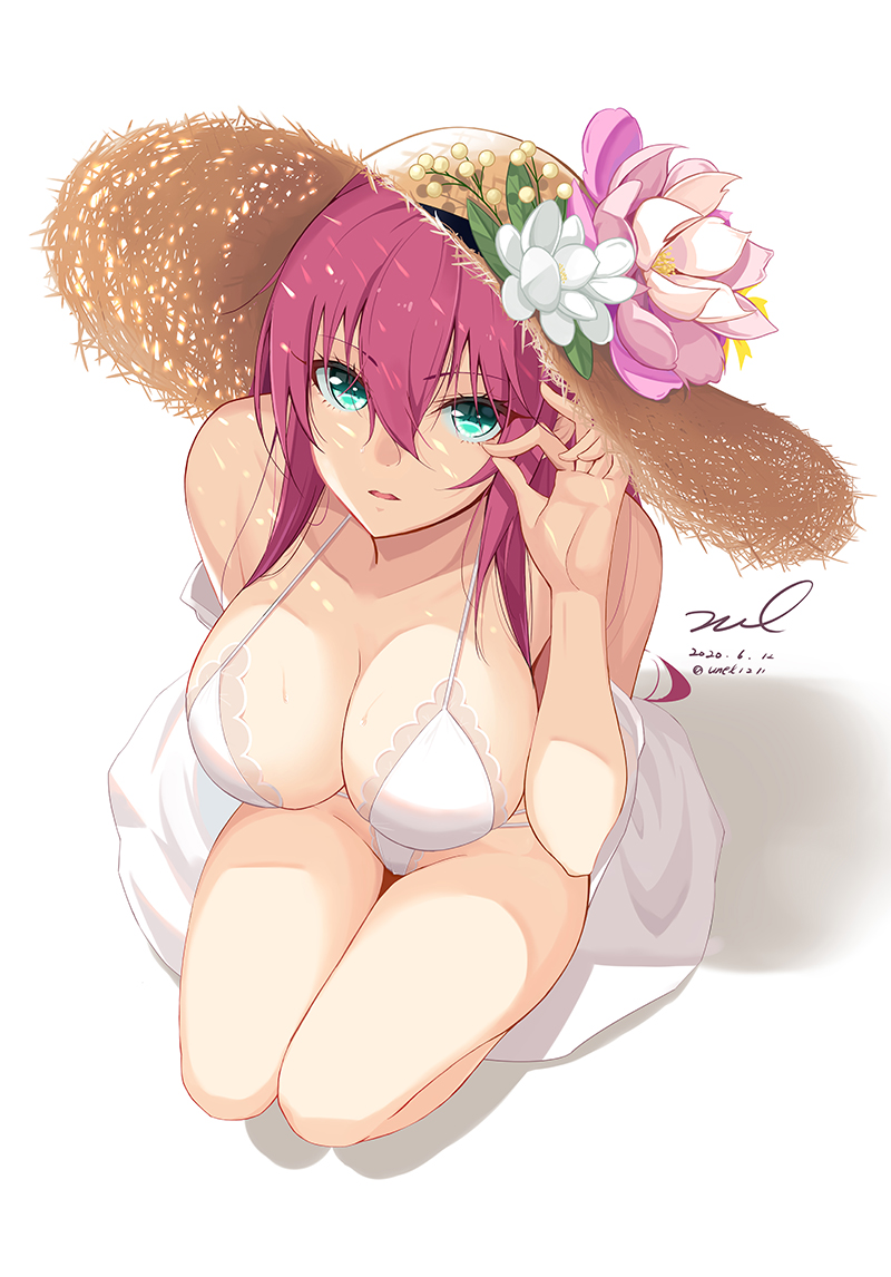 1girl azur_lane bad_perspective bikini breasts collarbone dated eyebrows_visible_through_hair flower flower_hat from_above green_eyes hat kneeling large_breasts long_hair looking_at_viewer redhead signature simple_background solo straw_hat surcouf_(azur_lane) surcouf_(loisirs_balneaires)_(azur_lane) swimsuit unel white_background white_bikini