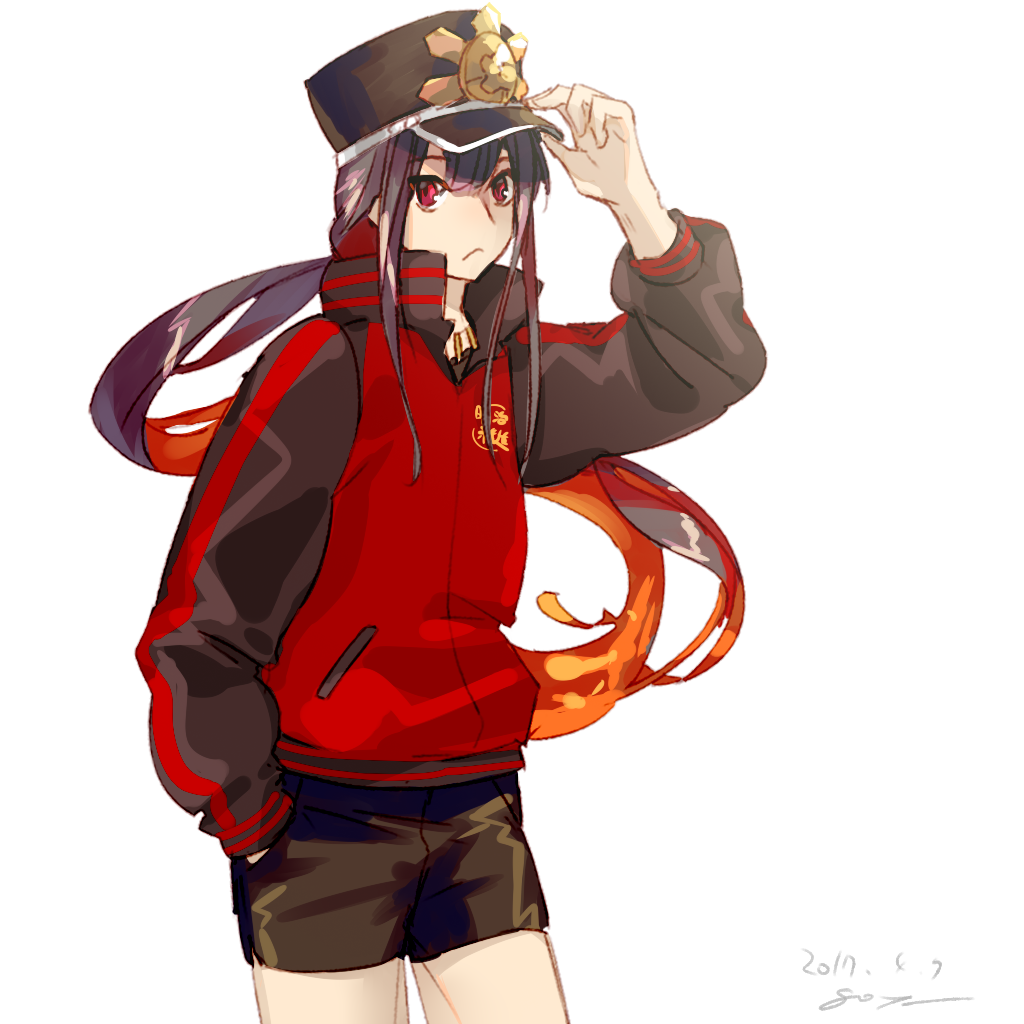 1boy adjusting_headwear bangs black_hair collar eyebrows_visible_through_hair family_crest fate/grand_order fate_(series) fire goya_(xalbino) hair_between_eyes hand_in_pocket hat jacket long_hair long_sleeves looking_at_viewer multicolored_hair oda_nobukatsu_(fate/grand_order) oda_uri orange_hair peaked_cap ponytail red_eyes shorts sidelocks signature solo two-tone_hair upper_body white_background