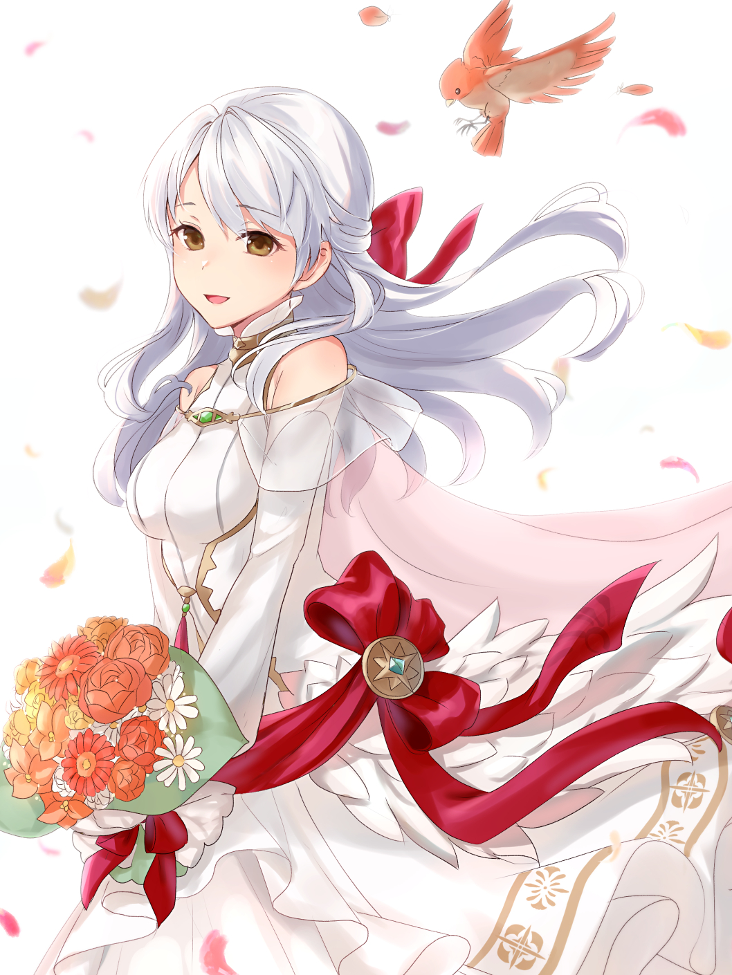 1girl animal bird bouquet bride cute dress fire_emblem fire_emblem:_akatsuki_no_megami fire_emblem:_radiant_dawn fire_emblem_10 fire_emblem_heroes flower from_side grey_hair haru_(nakajou-28) highres holding holding_bouquet human intelligent_systems long_hair looking_to_the_side micaiah_(fire_emblem) nintendo open_mouth petals simple_background solo super_smash_bros. wedding_dress white_background white_dress yellow_eyes