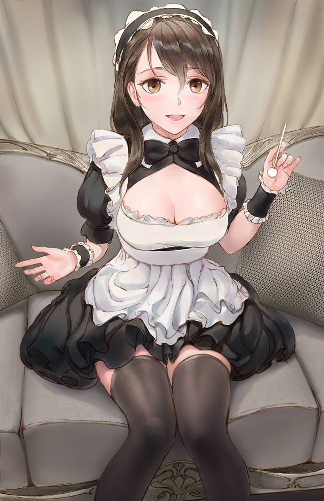 1girl alternate_costume bangs blush breasts brown_eyes brown_hair chowbie copyright_request couch curtains enmaided eyebrows_visible_through_hair hair_between_eyes indoors large_breasts long_hair long_sleeves looking_at_viewer maid mimikaki open_mouth sitting smile solo