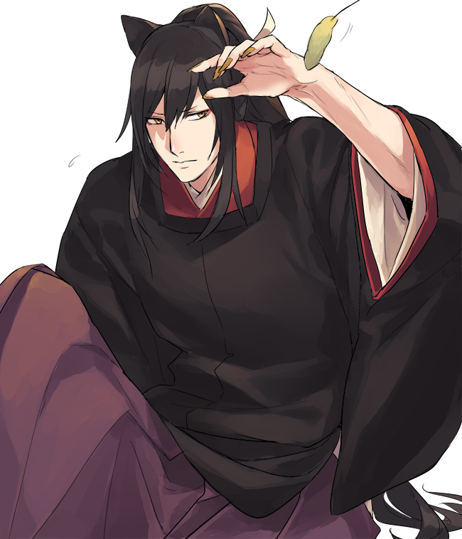 1boy arm_up bangs black_hair brown_nails cattail chorefuji closed_mouth commentary_request hair_between_eyes long_hair looking_to_the_side male_focus plant ponytail simple_background solo tarou_tachi touken_ranbu very_long_hair white_background wide_sleeves yellow_eyes