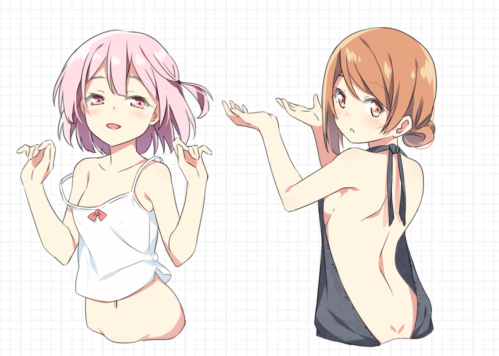 2girls back backless_outfit bangs bare_arms bare_shoulders blush breasts brown_eyes brown_hair camisole commentary_request cropped_torso eyebrows_behind_hair grey_sweater hair_bun hands_up hatsunatsu looking_at_viewer looking_back medium_breasts meme_attire multiple_girls navel one_side_up original parted_lips pink_hair red_eyes small_breasts smile strap_slip sweater virgin_killer_sweater white_camisole