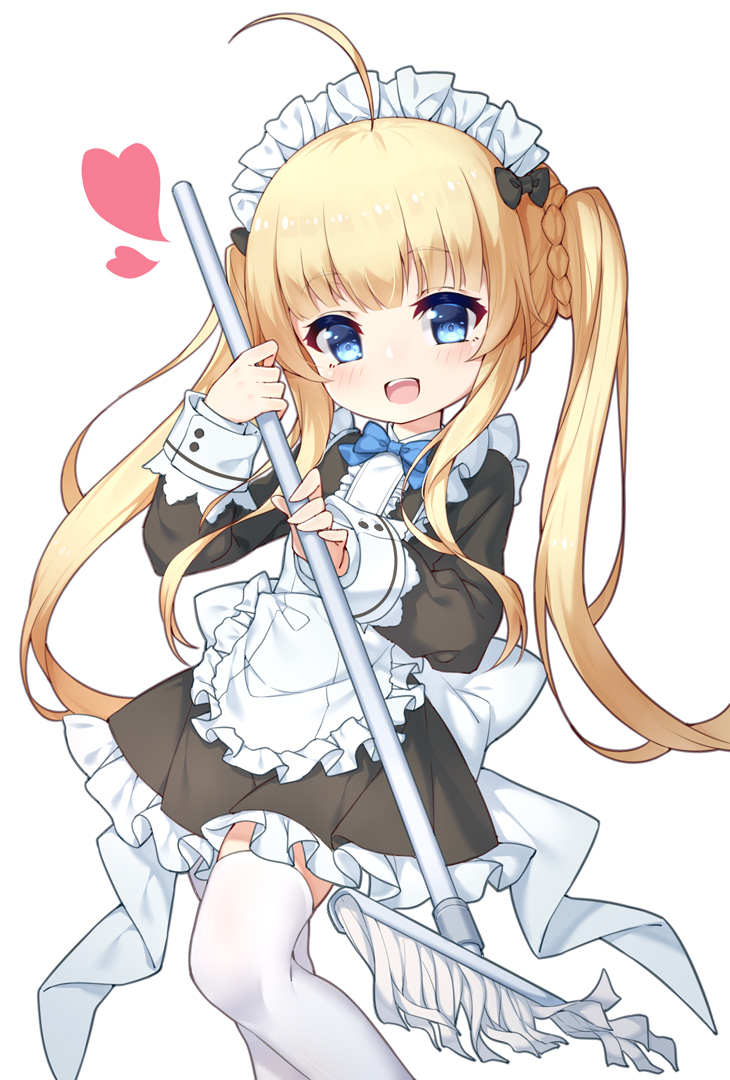1girl :d ahoge apron bangs black_bow black_dress blonde_hair blue_eyes blue_neckwear blush bow bowtie braid copyright_request dress eyebrows_visible_through_hair frilled_apron frilled_dress frills hair_bow hand_up heart holding long_hair long_sleeves looking_at_viewer maid maid_headdress mop open_mouth simple_background sleeves_past_wrists smile solo thigh-highs twintails upper_teeth very_long_hair virtual_youtuber white_apron white_background white_legwear yuxian_youka