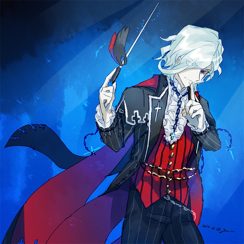 1boy alternate_costume alternate_hairstyle bangs cape chain collar cross cross_necklace edmond_dantes_(fate/grand_order) eyebrows_visible_through_hair eyes_visible_through_hair fate/grand_order fate_(series) formal frilled_collar frills gloves goya_(xalbino) gradient gradient_background hair_over_one_eye jewelry long_sleeves looking_at_viewer male_focus necklace red_eyes signature silver_hair sketch smile solo upper_body wavy_hair