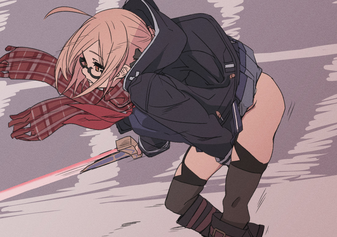 1girl ahoge arm_between_legs artoria_pendragon_(all) black-framed_eyewear blonde_hair boots excalibur fate/grand_order fate_(series) fu-ta hood hoodie knee_boots leaning_forward mysterious_heroine_x_(alter) no_panties plaid plaid_scarf scarf semi-rimless_eyewear short_hair skirt sword thigh-highs thighs under-rim_eyewear weapon winter_clothes yellow_eyes