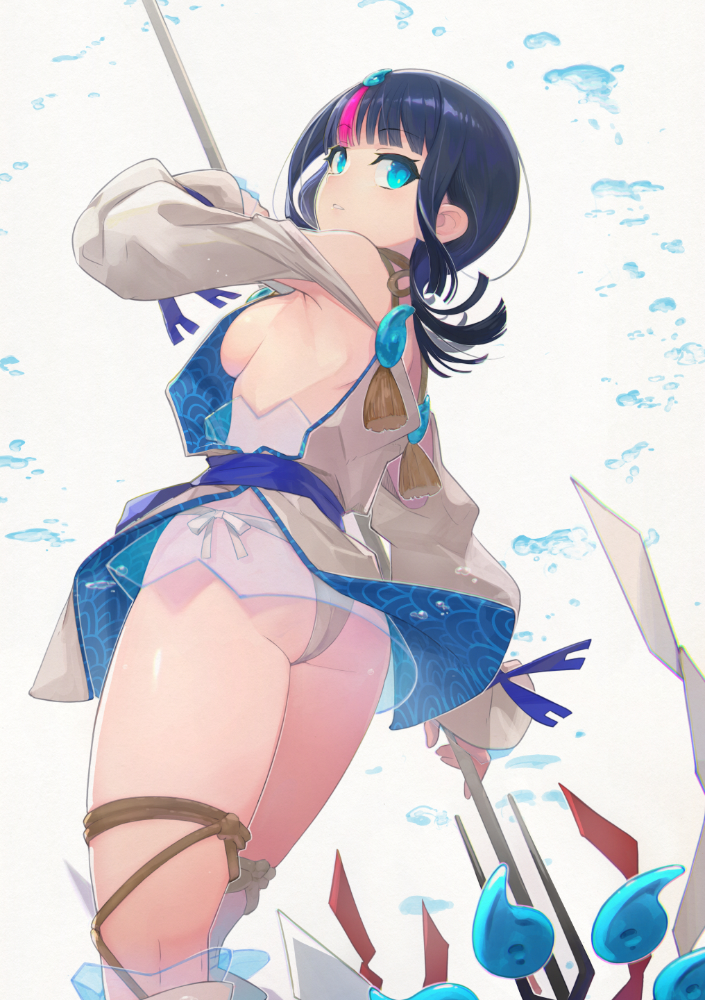 1girl ass back bangs bare_shoulders black_hair blue_eyes blue_ribbon blush breasts detached_leggings dress fate/grand_order fate/requiem fate_(series) fundoshi highres japanese_clothes jewelry long_sleeves looking_at_viewer looking_back magatama magatama_hair_ornament medium_breasts medium_hair multicolored_hair necklace parted_lips pelvic_curtain pink_hair polearm puffy_long_sleeves puffy_sleeves ribbon short_dress sideboob sideless_outfit spear streaked_hair thighs utsumi_erise weapon white_dress white_legwear yunar