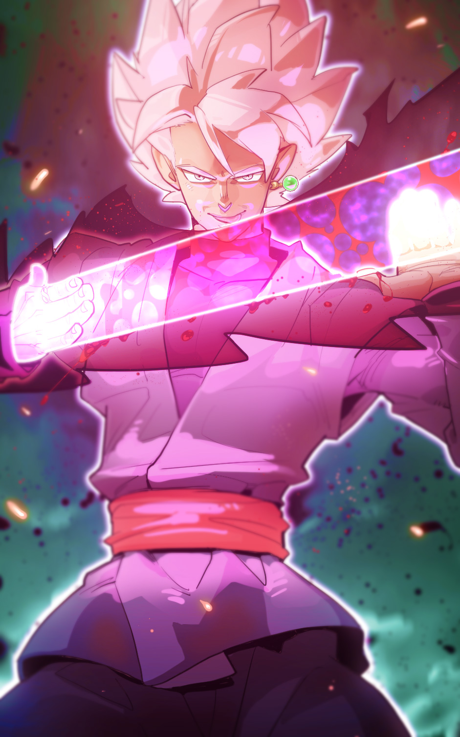 1boy bara blurry blurry_background bodysuit dragon_ball dragon_ball_super earrings embers evil_smile glowing glowing_sword glowing_weapon gokuu_black highres jewelry long_sleeves looking_at_viewer male_focus muscle pants pink_hair potara_earrings shiny shiny_hair simple_background single_earring smile solo spiky_hair super_saiyan_rose supobi tongue tongue_out upper_body weapon