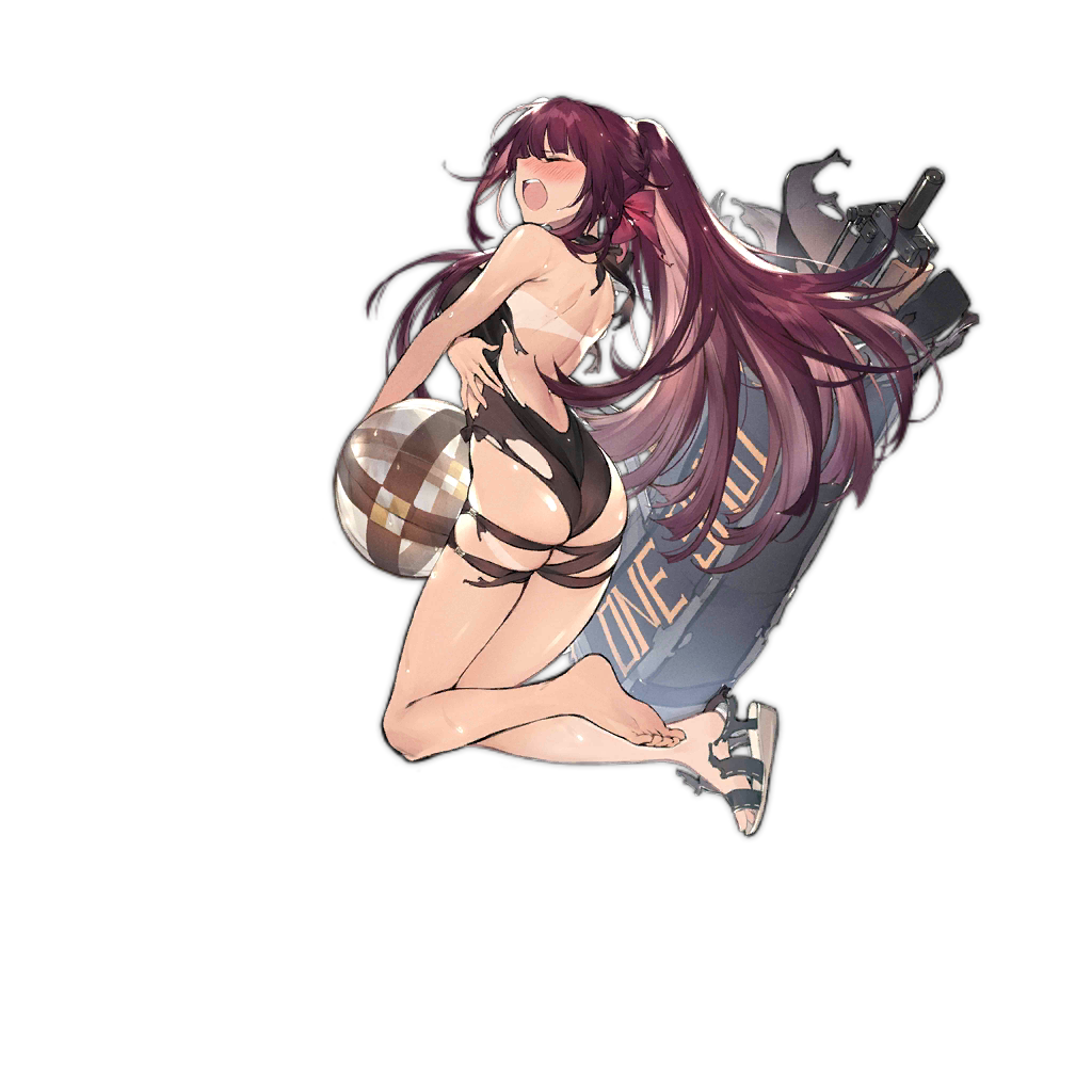 1girl alternate_costume ass ball bare_legs bare_shoulders barefoot beachball black_swimsuit braid closed_eyes crown_braid duoyuanjun from_side full_body girls_frontline hair_ribbon kneeling long_hair official_art one-piece_swimsuit one-piece_tan open_mouth ponytail purple_hair ribbon sandals sideways_mouth solo swimsuit tan tanline thigh_strap torn_clothes torn_swimsuit transparent_background very_long_hair wa2000_(girls_frontline) wedge_heels wince