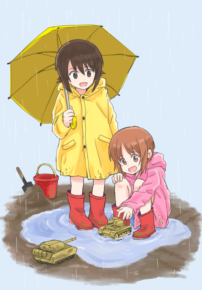 2girls bare_legs boots brown_hair coat dirty dirty_clothes eyebrows_visible_through_hair girls_und_panzer ground_vehicle military military_vehicle motor_vehicle mud multiple_girls mutsu_(layergreen) nishizumi_maho nishizumi_miho open_mouth pink_coat playing puddle rain raincoat red_footwear rubber_boots short_hair siblings simple_background sisters smile squatting tank toy umbrella wet wet_clothes yellow_coat yellow_umbrella younger