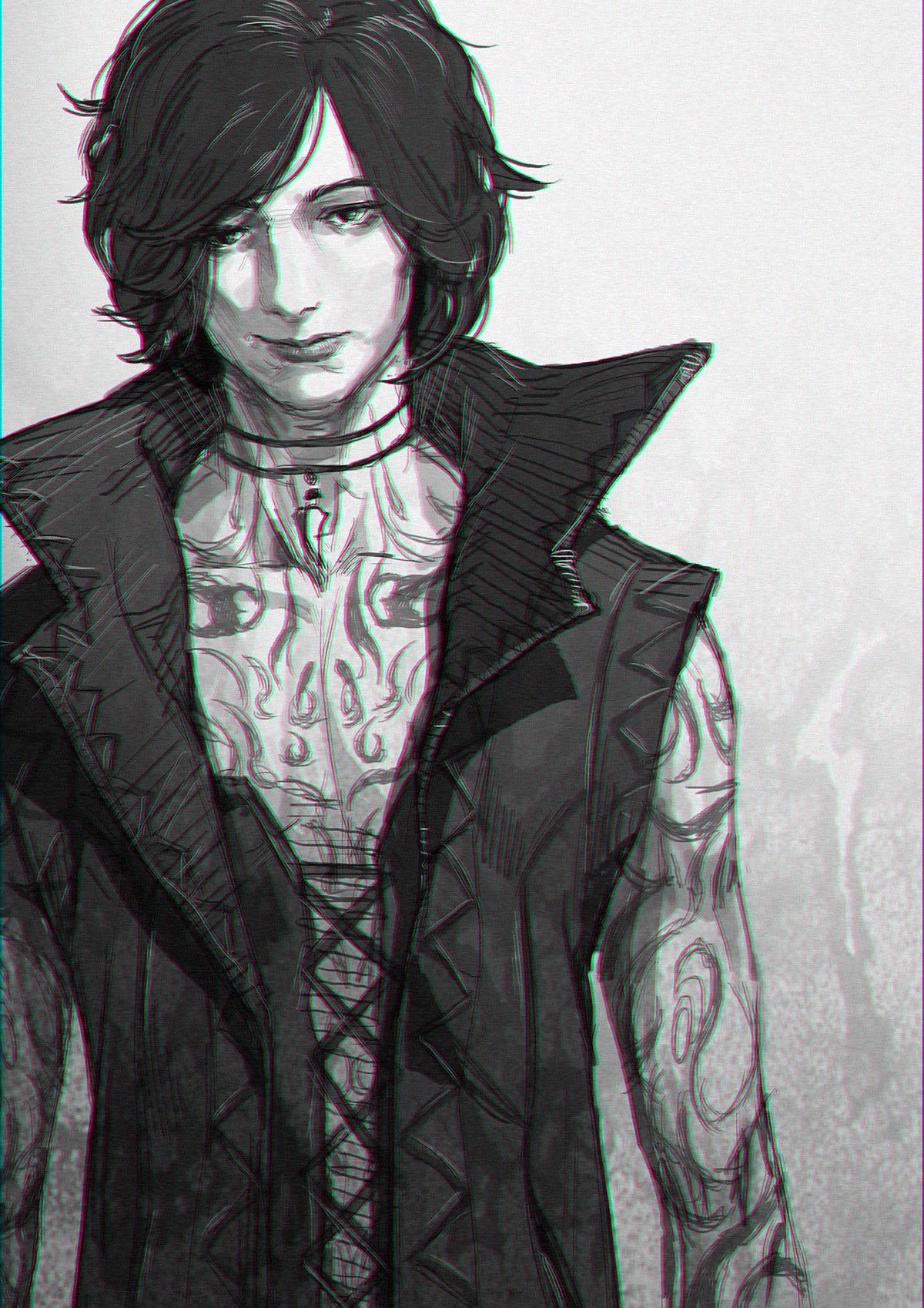 1boy chromatic_aberration closed_fan collarbone devil_may_cry devil_may_cry_5 fan folding_fan full_body_tattoo greyscale highres jewelry male_focus monochrome necklace neko_sheep shirtless smile solo tattoo tooth_necklace upper_body v_(devil_may_cry)