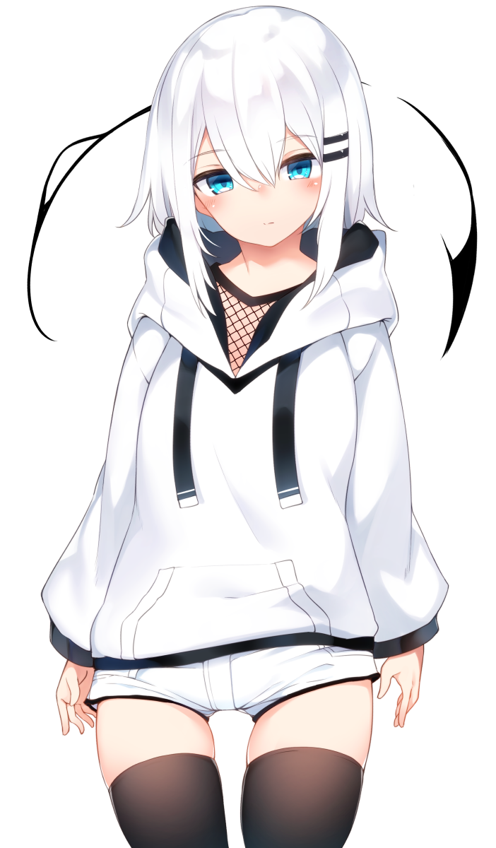 1girl bangs black_legwear blue_eyes blush commentary_request eyebrows_visible_through_hair hair_between_eyes hair_ornament hairclip highres hood hoodie looking_at_viewer original otokuyou ringo-chan_(otokuyou) short_hair short_shorts shorts sidelocks simple_background solo thigh-highs white_background white_hair white_hoodie white_shorts