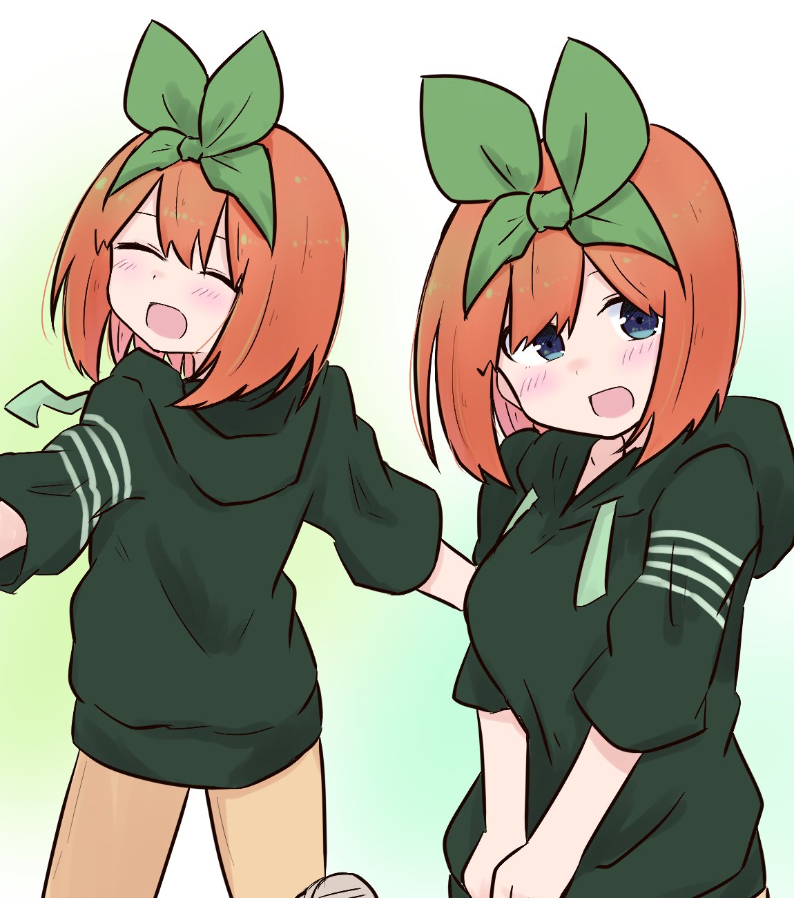 1girl :d ^_^ bangs blue_eyes blush breasts brown_pants closed_eyes commentary_request drawstring eyebrows_behind_hair go-toubun_no_hanayome green_hoodie green_ribbon hair_over_one_eye hair_ribbon highres hood hood_down hoodie kujou_karasuma medium_breasts multiple_views nakano_yotsuba open_mouth orange_hair pants ribbon short_sleeves smile