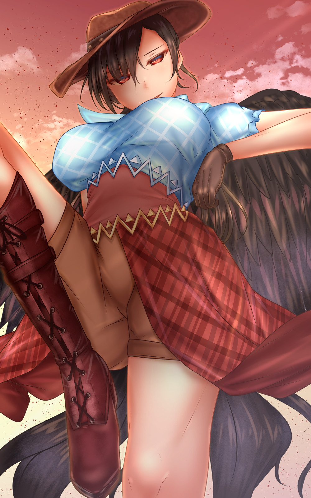 1girl belt_boots black_wings blue_shirt boots brown_gloves brown_hair brown_shorts commentary_request cowboy_hat cross-laced_footwear eyebrows_visible_through_hair feathered_wings gloves hair_between_eyes hat highres knee_boots kurokoma_saki lace-up_boots leg_lift looking_at_viewer looking_down red_eyes red_sky shirt short_sleeves shorts shounen_(hogehoge) sky solo touhou wily_beast_and_weakest_creature wings