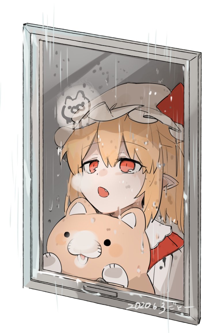 1girl artist_name blonde_hair breath commentary_request condensation dated fang flandre_scarlet gotoh510 hat hat_ribbon indoors looking_out_window medium_hair mob_cap open_mouth pointy_ears rain red_eyes red_ribbon red_vest ribbon shirt simple_background stuffed_animal stuffed_toy touhou upper_body vest white_background white_headwear white_shirt window window_fog window_writing