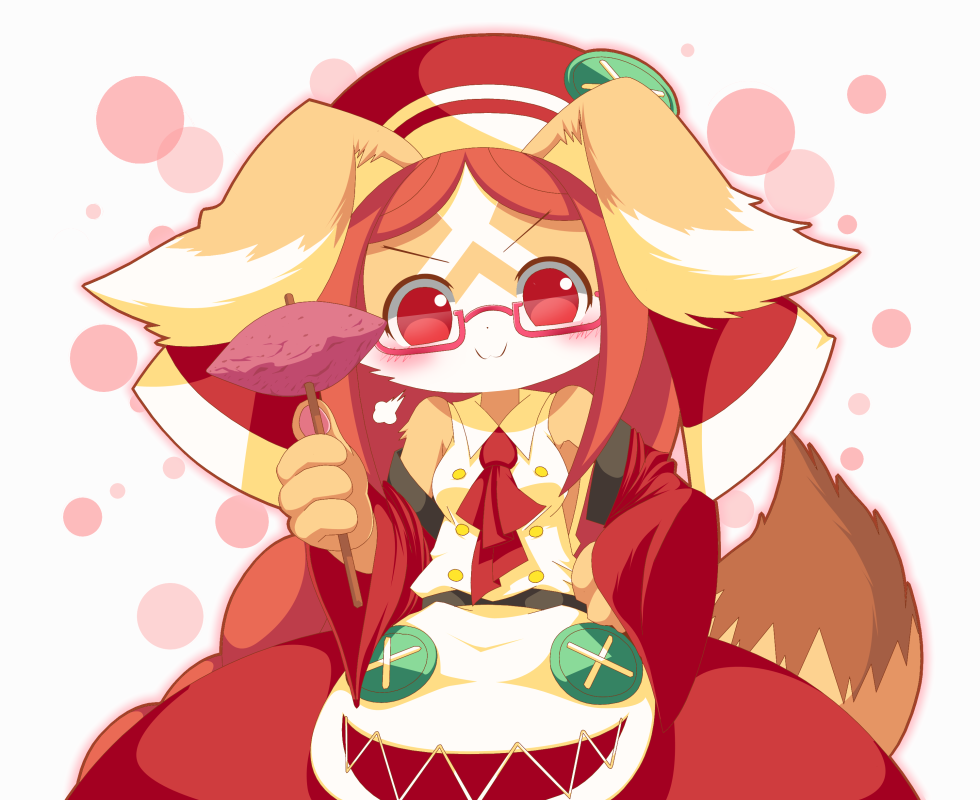 1girl animal_ears bare_shoulders bespectacled blush breasts brown_fur brown_hair chantico_(fullbokko_heroes) commentary_request detached_sleeves dog dog_ears dog_girl dog_tail doyagao food fullbokko_heroes furrowed_eyebrows furry glasses headwear holding holding_stick long_hair looking_at_viewer medium_breasts neru_(neruneruru) pawpads red-framed_eyewear red_eyes red_sleeves semi-rimless_eyewear simple_background smile solo stick sweet_potato tail two-tone_fur under-rim_eyewear upper_body white_background white_fur