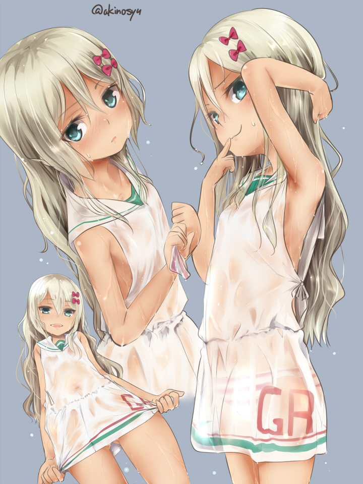 1girl akino_shuu blonde_hair blue_background blush bow dress grecale_(kantai_collection) green_eyes grey_background hair_between_eyes hair_bow kantai_collection long_hair multiple_views panties panties_removed pink_bow sailor_collar sailor_dress see-through simple_background sleeveless sleeveless_dress striped striped_panties twitter_username underwear wavy_hair wet wet_clothes white_dress white_sailor_collar