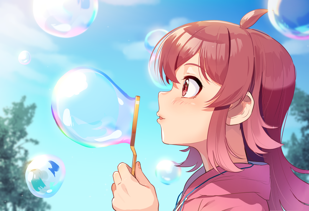 1girl ahoge bangs blue_sky blurry blurry_background blush bubble_blowing day depth_of_field from_side holding idolmaster idolmaster_shiny_colors jewelry kamille_(vcx68) komiya_kaho long_hair necklace outdoors parted_lips profile red_eyes redhead sky smile soap_bubbles solo sunlight upper_body