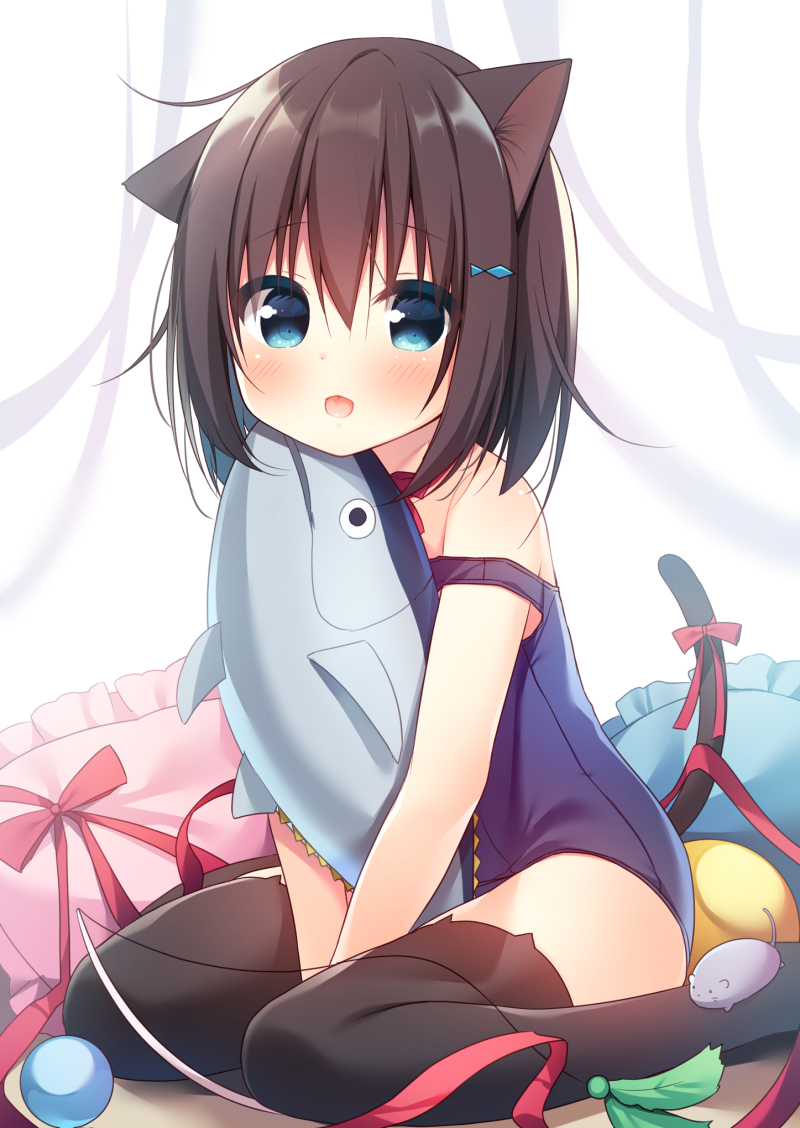 1girl animal_band_legwear animal_ears bangs bare_shoulders black_hair black_legwear blue_eyes blue_swimsuit blush bow cat_band_legwear cat_ears cat_girl cat_tail commentary_request eyebrows_visible_through_hair fish_hair_ornament frilled_pillow frills hair_between_eyes hair_ornament hanamiya_natsuka looking_at_viewer one-piece_swimsuit original pillow red_bow school_swimsuit sitting solo strap_slip stuffed_animal stuffed_fish stuffed_toy swimsuit tail tail_bow thigh-highs tongue tongue_out wariza