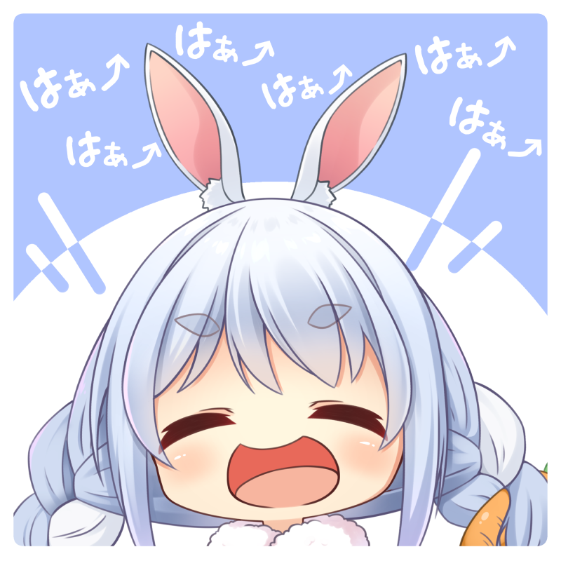 1girl :d ^_^ animal_ear_fluff animal_ears arrow_(symbol) bangs blue_background blue_hair blush braid carrot_hair_ornament catchphrase chibi closed_eyes commentary_request eyebrows_visible_through_hair facing_viewer food_themed_hair_ornament hair_ornament hololive laughing multicolored_hair open_mouth rabbit_ears shachoo. short_eyebrows smile solo thick_eyebrows twin_braids two-tone_background two-tone_hair usada_pekora virtual_youtuber white_background white_hair
