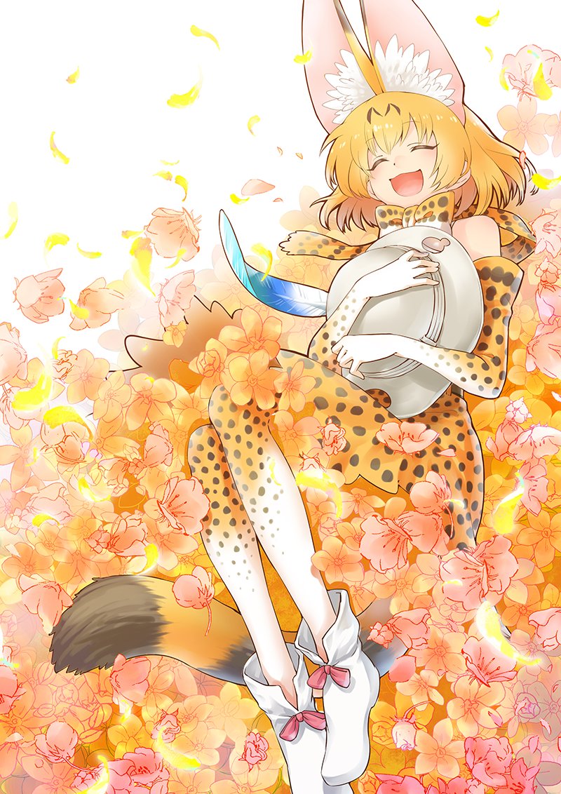 1girl :d animal_ear_fluff animal_ears bangs blonde_hair bow closed_eyes commentary elbow_gloves extra_ears eyebrows_visible_through_hair flower from_above gloves hat_feather helmet high-waist_skirt holding inukoro_(spa) kemono_friends lying on_back open_mouth orange_flower orange_gloves orange_legwear orange_neckwear orange_skirt pink_flower pith_helmet print_bow print_gloves print_neckwear print_skirt serval_(kemono_friends) serval_ears serval_print serval_tail shoes short_hair skirt smile solo striped_tail tail white_footwear