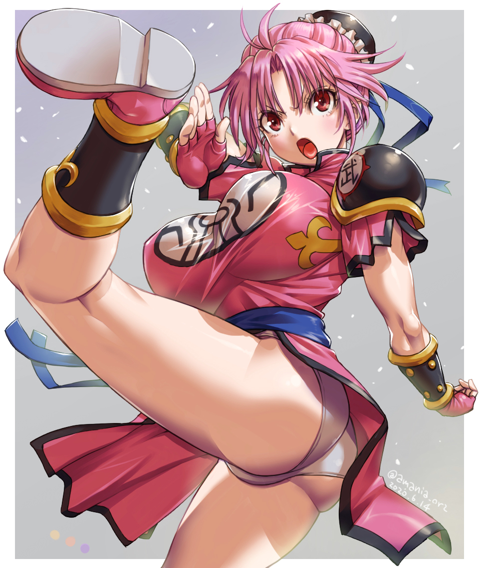 1girl amania_orz breasts bun_cover chinese_clothes dragon_quest dragon_quest_dai_no_daibouken fingerless_gloves flying_kick gloves kicking large_breasts maam panties pantyshot pink_hair red_eyes shoulder_armor single_pauldron solo underwear