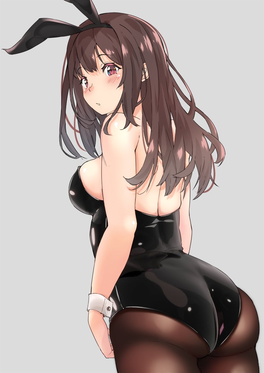 1girl animal_ears ass back bare_shoulders blush breasts brown_eyes brown_hair bunnysuit cuffs highres idolmaster idolmaster_shiny_colors large_breasts long_hair looking_back myurumake pantyhose rabbit_ears sideboob simple_background solo tsukioka_kogane