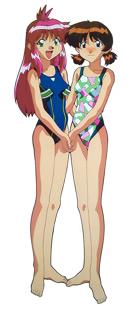 1990s_(style) all_purpose_cultural_cat_girl_nuku_nuku barefoot blush brown_eyes brown_hair casual_one-piece_swimsuit full_body green_eyes hand_on_another's_hip holding_hands long_hair natsume_atsuko nose_blush official_art one-piece_swimsuit open_mouth pink_hair short_hair side-by-side simple_background smile standing swimsuit white_background