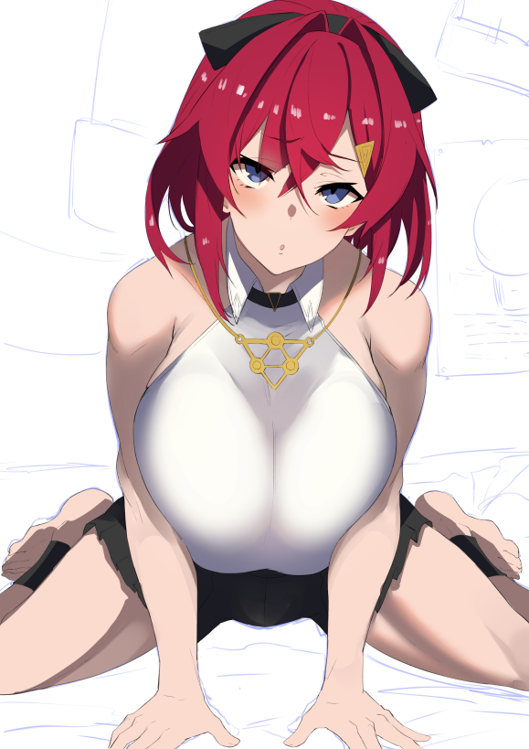 1girl alternate_breast_size ange_katrina bare_shoulders barefoot blue_eyes breast_squeeze breasts huge_breasts looking_at_viewer nijisanji nuezou parted_lips redhead short_shorts shorts solo spread_legs work_in_progress