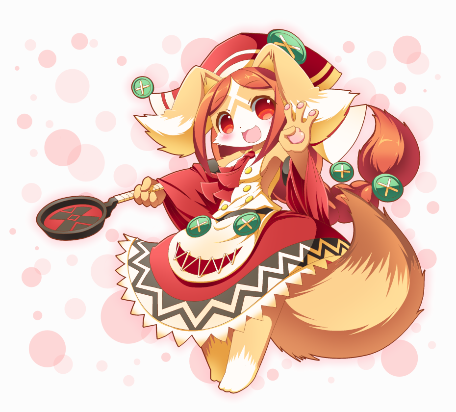 1girl :3 :d animal_ears bare_shoulders blush breasts brown_fur brown_hair chantico_(fullbokko_heroes) commentary_request detached_sleeves digitigrade dog dog_ears dog_girl dog_tail eyebrows_visible_through_hair full_body fullbokko_heroes furry headwear holding_frying_pan long_hair looking_at_viewer medium_breasts neru_(neruneruru) open_mouth pawpads red_eyes simple_background smile solo standing tail two-tone_fur white_background white_fur