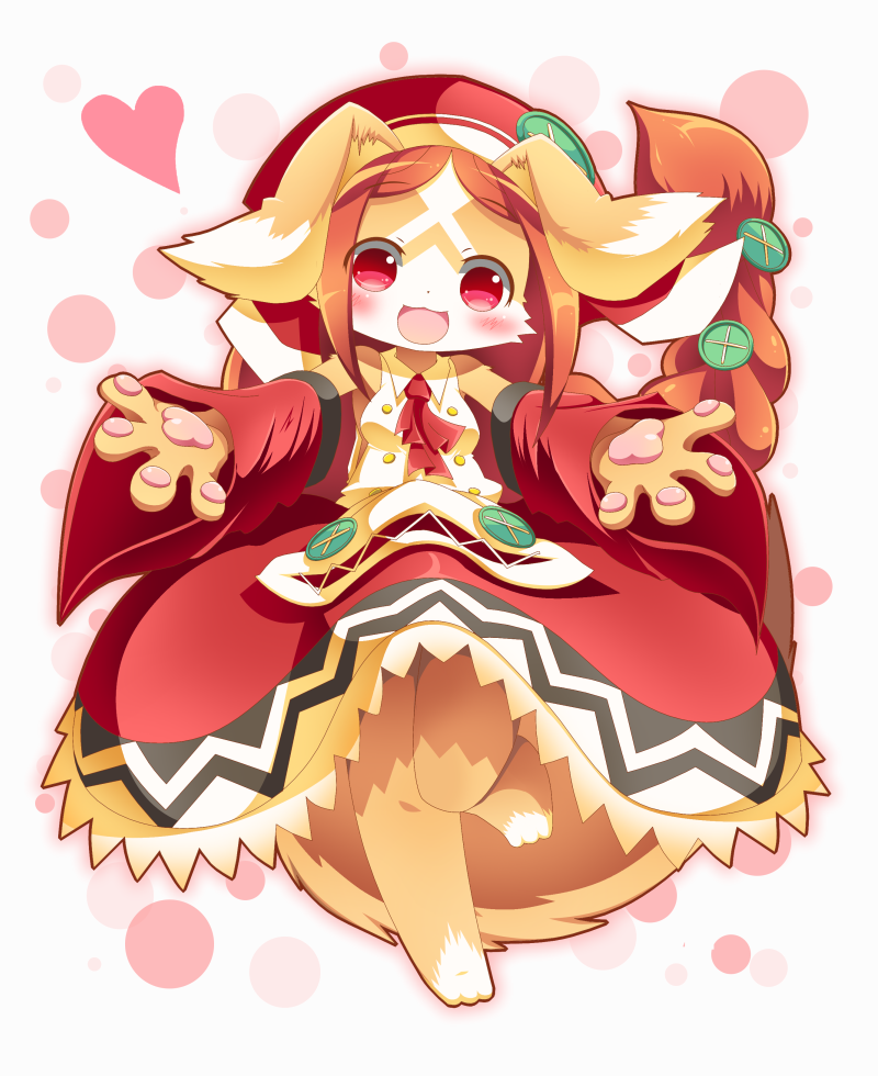 1girl :3 :d animal_ears beige_fur blush breasts brown_fur brown_hair chantico_(fullbokko_heroes) commentary_request detached_sleeves digitigrade dog dog_ears dog_girl dog_tail eyebrows_visible_through_hair full_body fullbokko_heroes furry headwear heart leg_up long_hair looking_at_viewer medium_breasts neru_(neruneruru) open_mouth partial_commentary pawpads red_eyes red_sleeves simple_background smile solo standing tail two-tone_fur